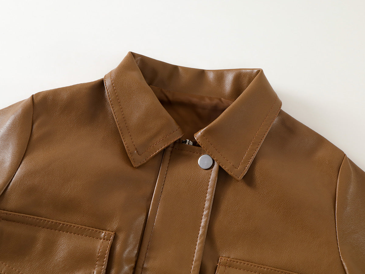New Kids' Brown Lapel Leather Jacket-K6115984