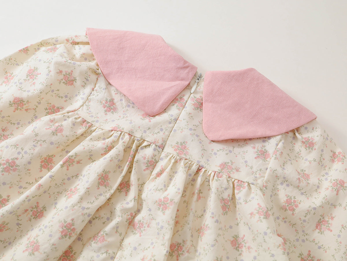 Girls' Floral Peter Pan Collar Dress & Matching Scrunchie Set -K6136281