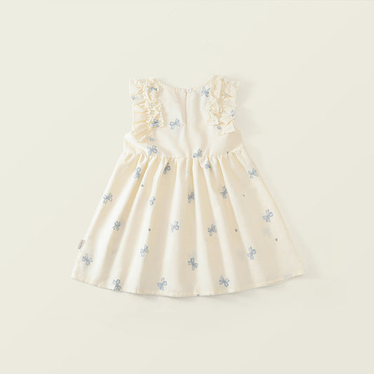 Girls' Bow Print Ruffle-Shoulder Summer Dress -K6126308