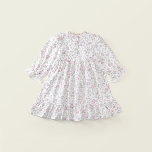 Girls' Floral Ruffle Collar Dress with Puff Sleeves -K6136300