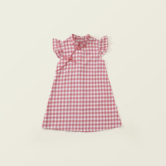 Girls' Floral & Gingham Cheongsam-Style Dress with Ruffled Sleeves - K6126311