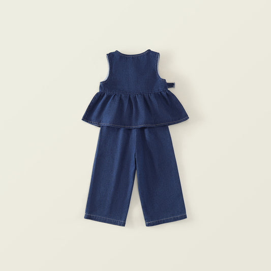 Girl’s Denim Peplum Top & Wide-Leg Pants Set -K6115897