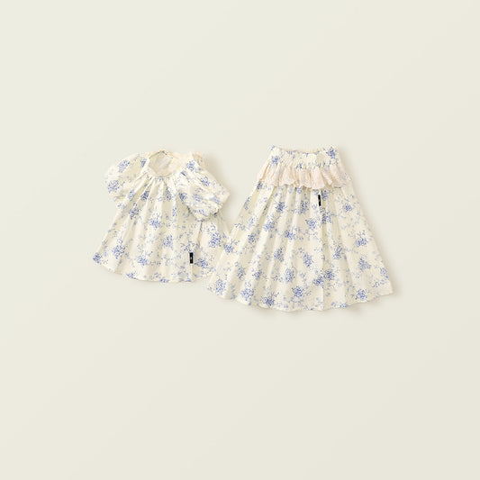 Girl's Lace Trim Set - Toddler's Korean-Style Short-Sleeve Top & Blue Flower Skirt Two-Piece