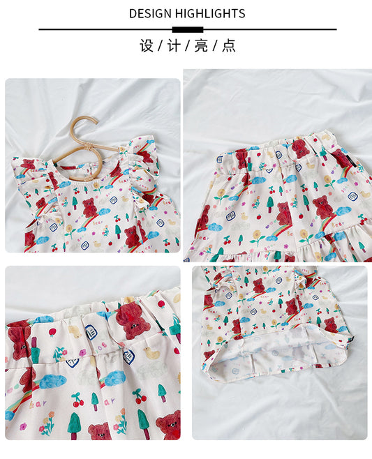 Girl's Summer Ruffle Short Sleeve & Bear Rainbow Print Shorts Set