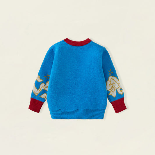 Boys' Blue Lion Dance Knit Sweater with Faux Fur -5886