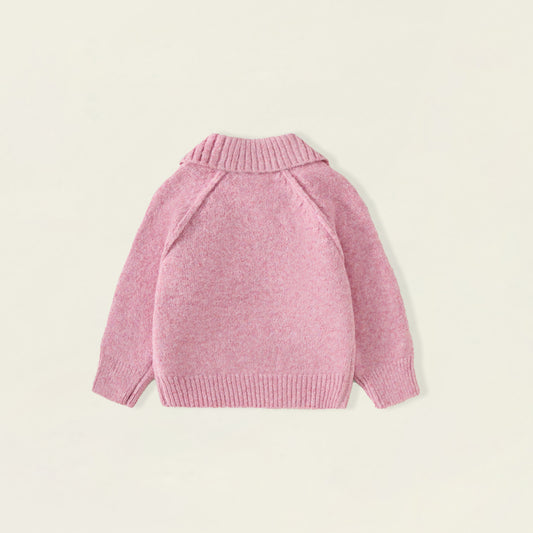 Girls' Pink Polo Collar Knit Sweater with Cherry Embroidery -5107
