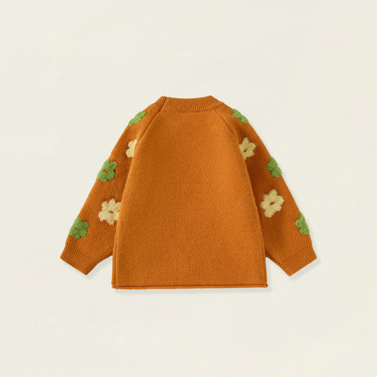 Girls' Rust Orange Floral Jacquard Knit Sweater -5099