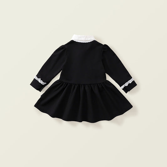 Girls' Autumn New: Black Hepburn-Style Lace Dress
