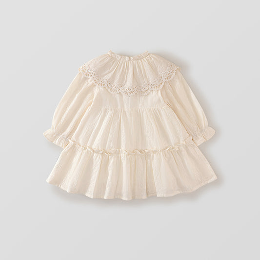 Girl's Lace Trim Lapel Dress - 2025 Spring/Fall New Arrival