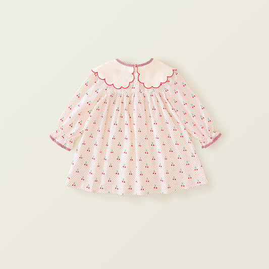 Girls' Cherry Print Sweet Long-Sleeve Dress