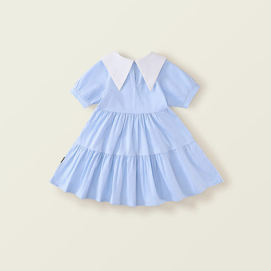 Girl's Blue Lapel Sleeveless Dress