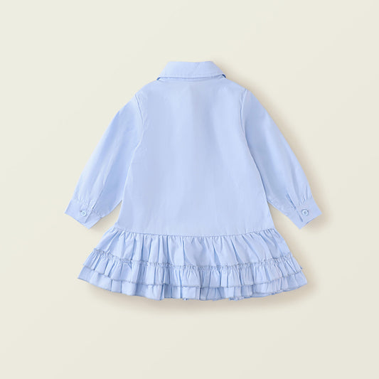 Girls' Blue Pleated Lace Dress - Spring New Arrival