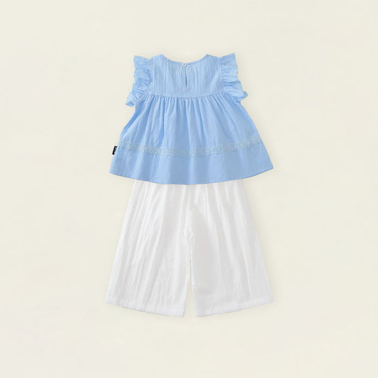 Girls' Blue Ruffle-Sleeve Top & White Pants Set-K6126160