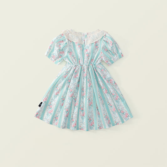 Girls Summer French Lace Patchwork Puff Sleeve Floral Princess Dress