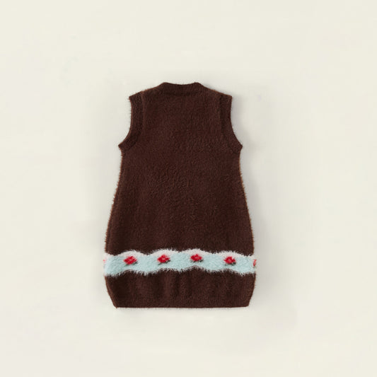 Girls' Brown Fuzzy Vest with 3D Puppy & Pom-Pom Details -5231
