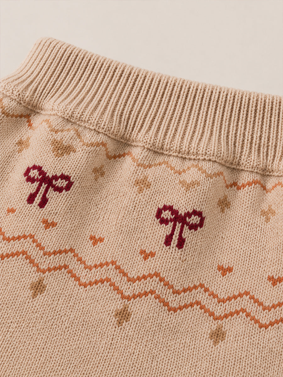 Girls' Beige Teddy Bear Knit Set with Red Collar -5518
