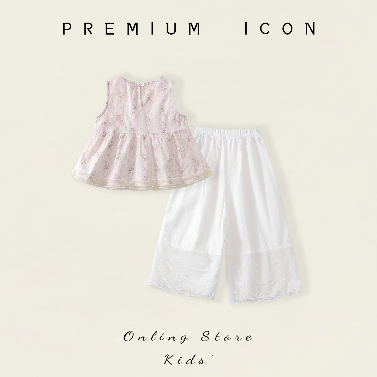 Girls' Pink Floral Sleeveless Top & White Lace-Trimmed Pants Set-K6126161