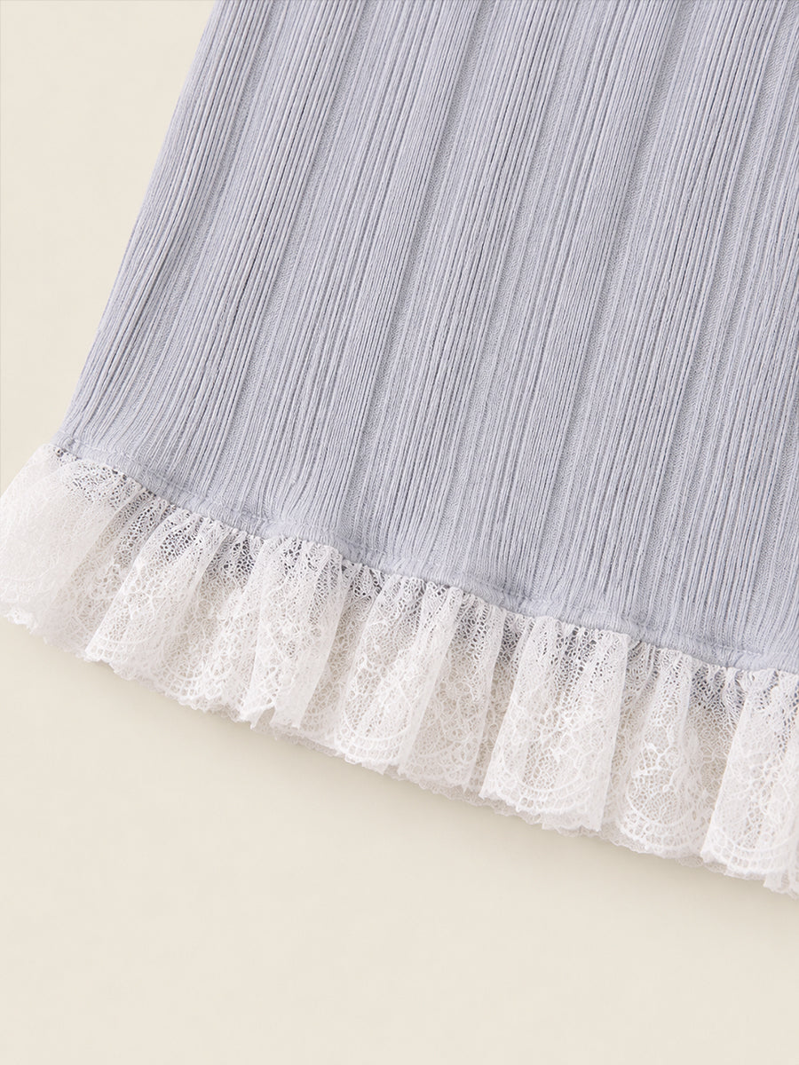 Girls' 2-in-1 Grey Ribbed Knit Top with Black Vest & Lace Trim -4162