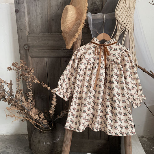 Girl's Floral Long-Sleeve Dress with Ruffle Trim