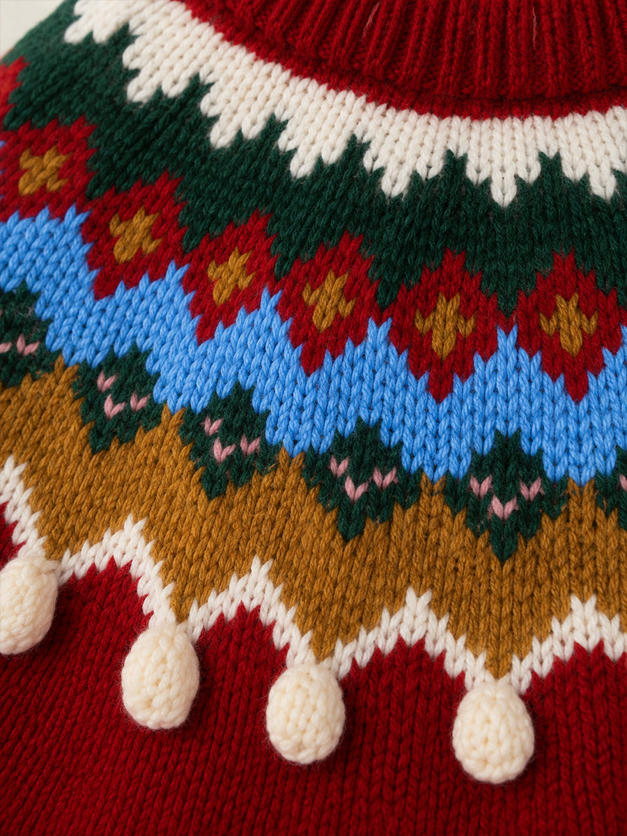 Girls' Red Fair Isle Knit Sweater with Pom-Pom Trim -5248