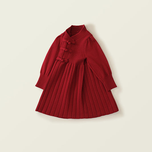 Girl's Red Knitted Long-Sleeve Dress - Festive Chinese New Year Outfit