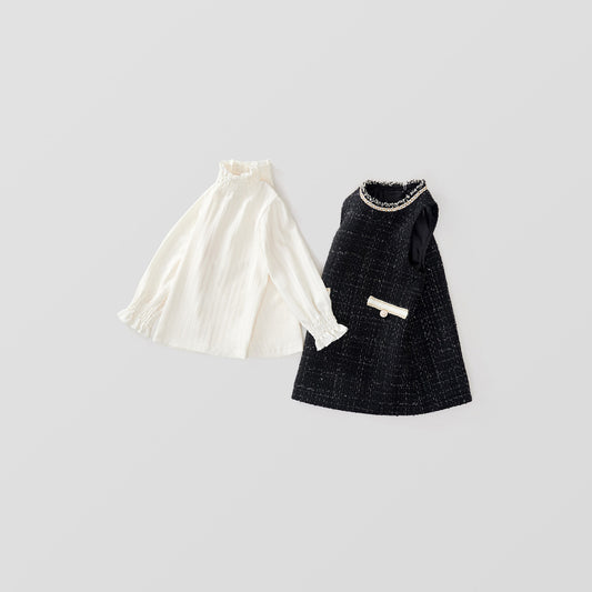 Girl's Chanel-Inspired Two-Piece Set - Sleeveless Vest Dress & Long-Sleeve Top