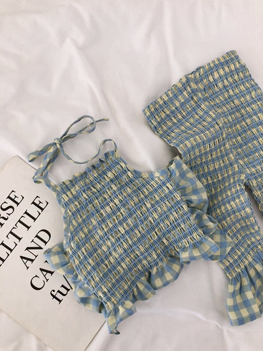 Girl's Summer New Fresh Green Suspender & Pants Set