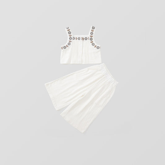 Girl's Embroidered Halter Top and Wide-Leg Pants Set