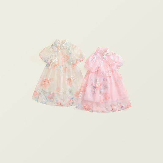 Girl's New Chinese-Style Bubble Sleeve Cheongsam Dress