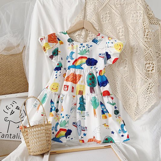 Girls' Summer Sweet Chiffon Dress with Bubble Sleeves