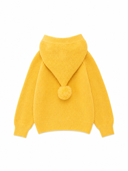 Kids' Mustard Yellow Pom-Pom Hooded Knit Sweater -4083