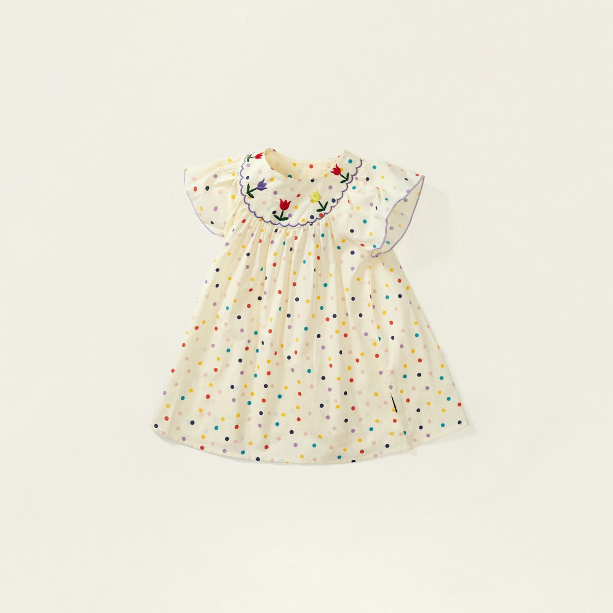 Girls' Colorful Polka Dot Dress with Lace Sleeves