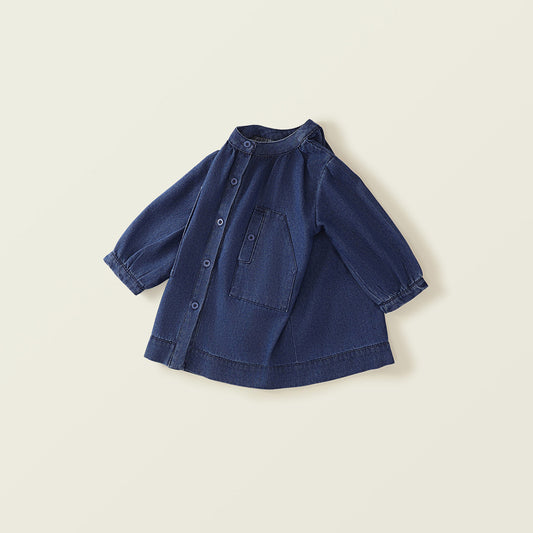 Girl's Korean-Style Long-Sleeve Denim Dress with Stand Collar
