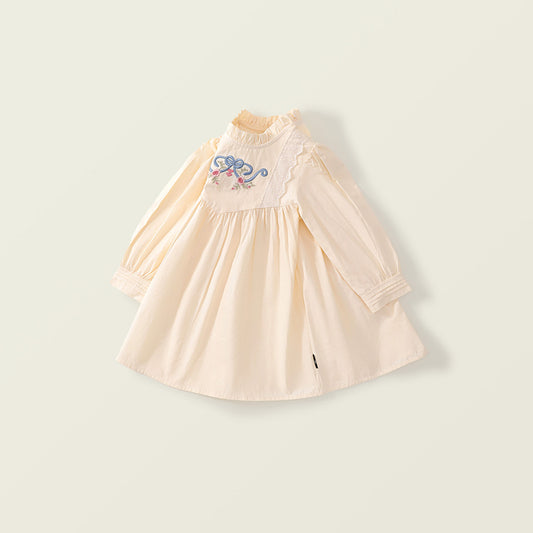 Girl's French Lace-Trimmed Long-Sleeve Dress