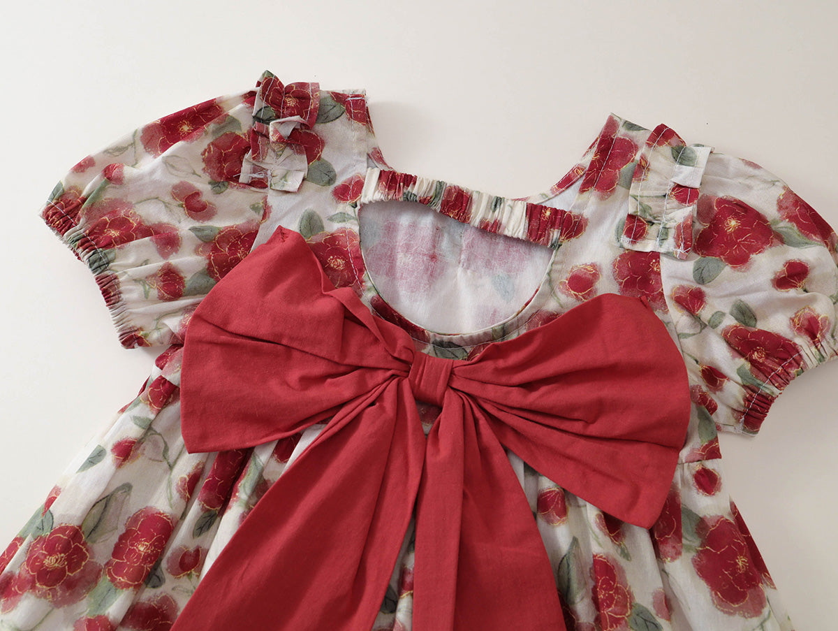 Girl Red Floral Print Short Sleeve A-Line Dress -K6126130