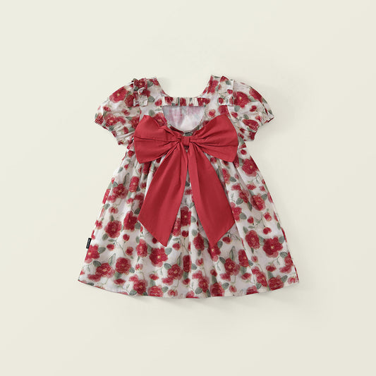 Girl Red Floral Print Short Sleeve A-Line Dress -K6126130