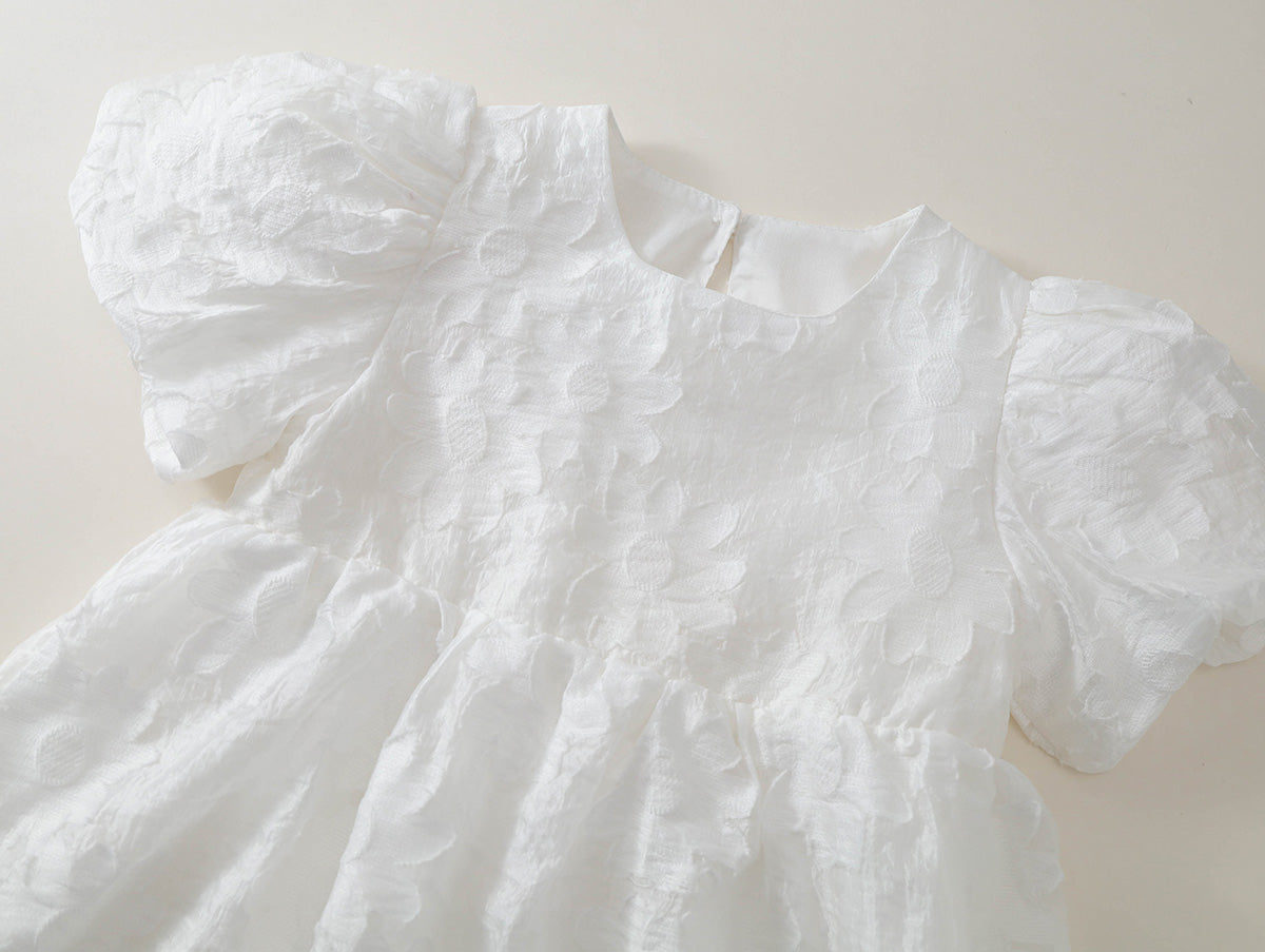 Girls' White Textured Puff Sleeve Dress -K6126145