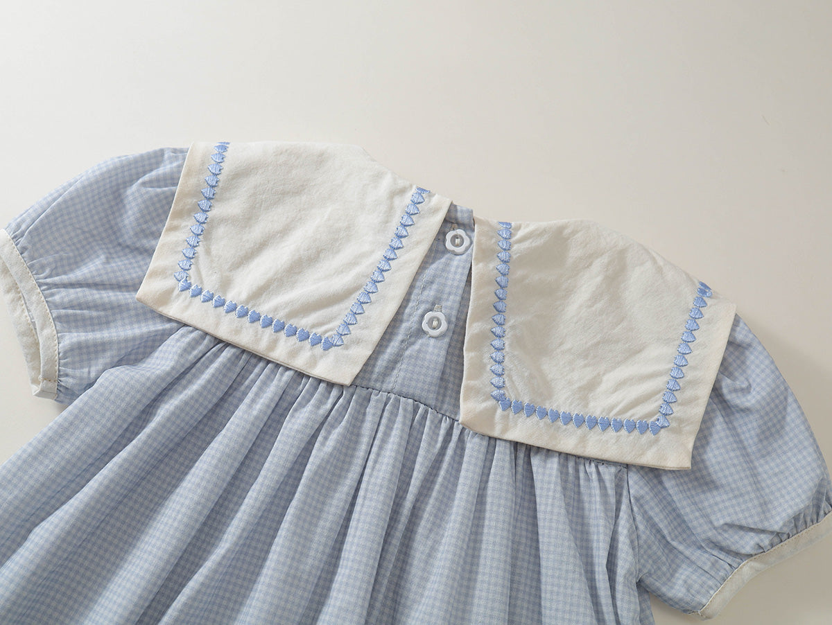 Girls' Seersucker Dress with Embroidered Sailor Collar - K6126056