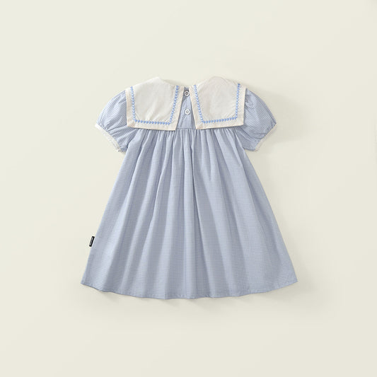 Girls' Seersucker Dress with Embroidered Sailor Collar - K6126056