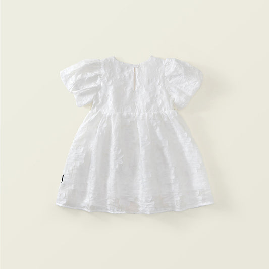 Girls' White Textured Puff Sleeve Dress -K6126145