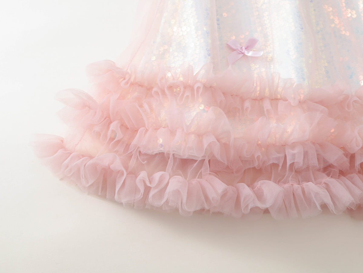 Girls' Iridescent Sequin Dress with Tulle Ruffle Hem -K6126035