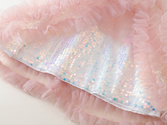 Girls' Iridescent Sequin Dress with Tulle Ruffle Hem -K6126035