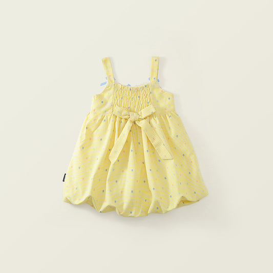 Girls' Yellow Gingham Polka Dot Dress with Bow Accents -K6126084