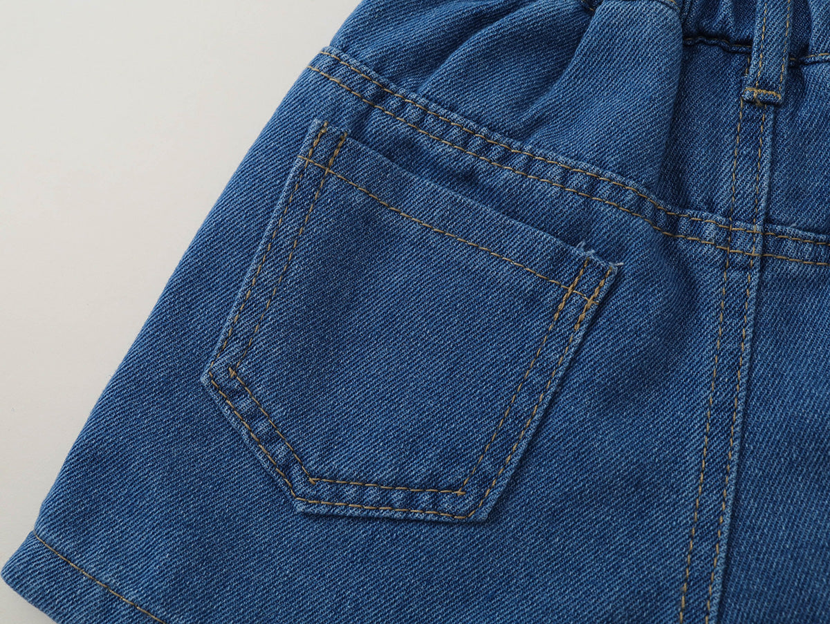 Girls' Bow-Embroidered Denim Skort with Elastic Waist -K6126178