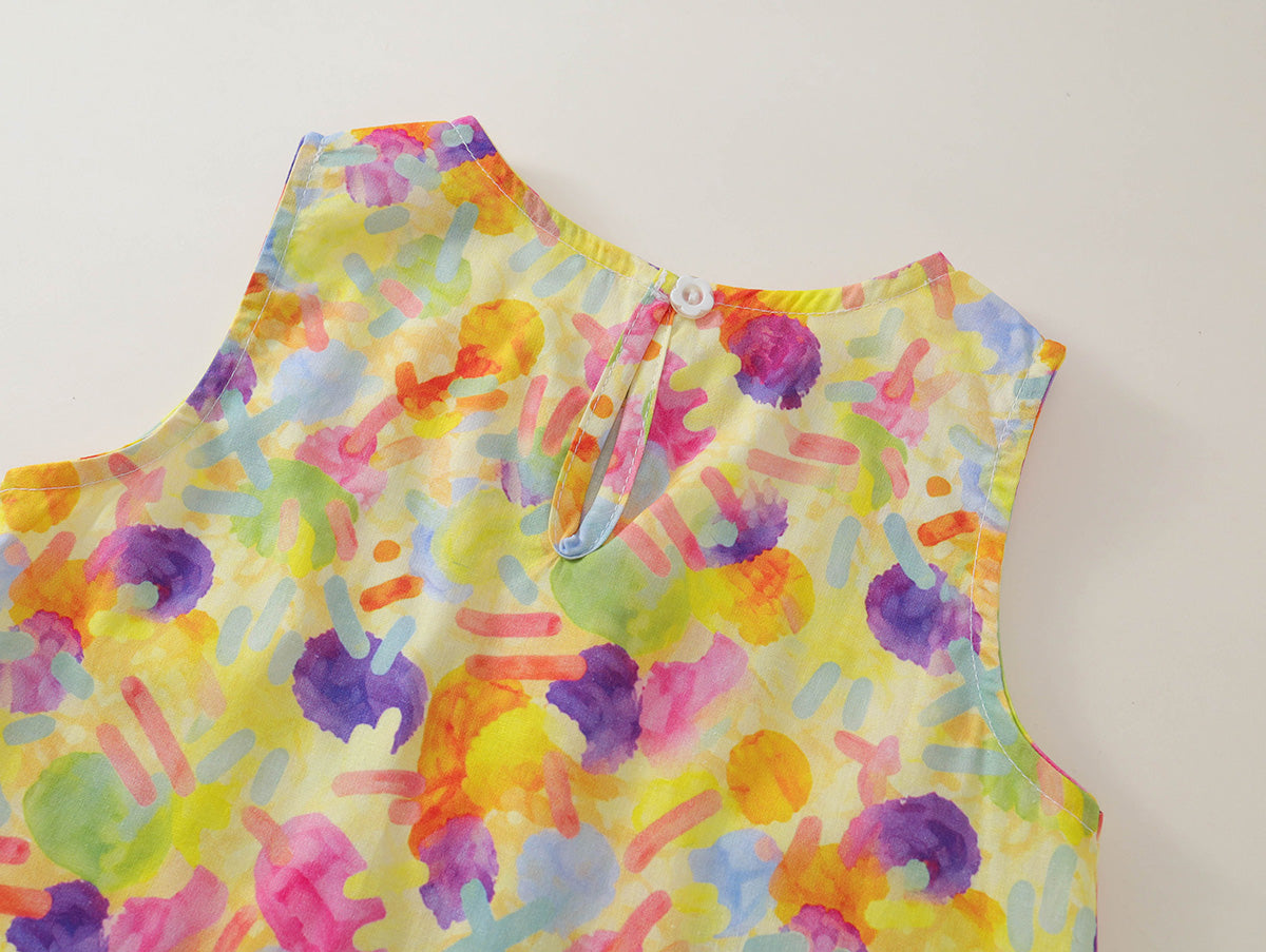 Girls' Colorful Abstract Print Sleeveless Top & Shorts Set-K6126136