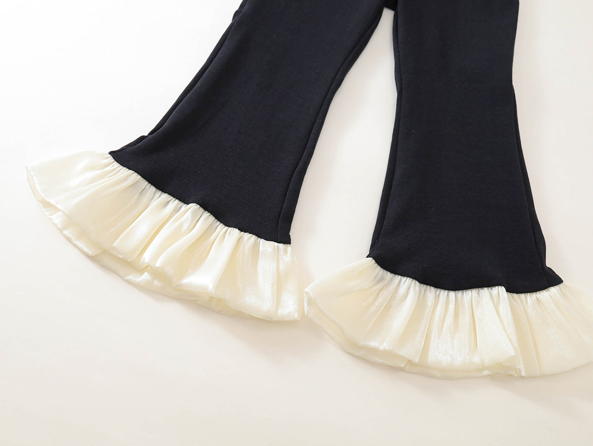 Girls' Black Ruffle Trim Sleeveless Top & Flared Pants Set-K6126114