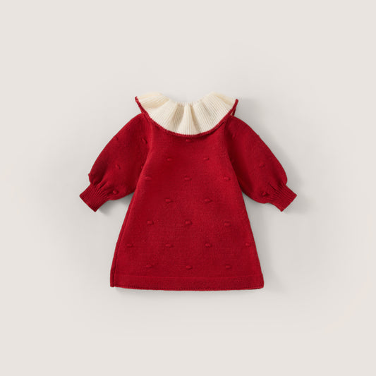 Girls' Cherry Embroidered Knit Dress with Peter Pan Collar -4048