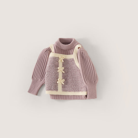 Girls' Mauve Bow-Detail 2-in-1 Knit Sweater -4049