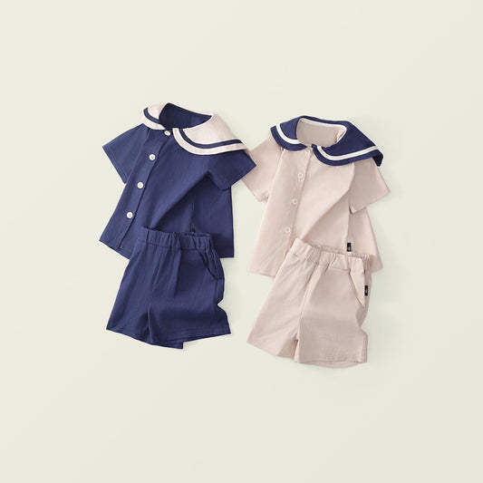 Girl's Summer Navy Style Cotton 2-Piece Set