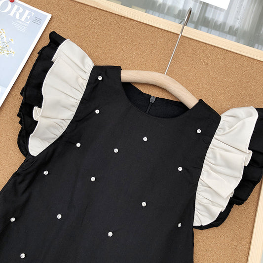 Girls Little Black Dress with Fly Sleeves